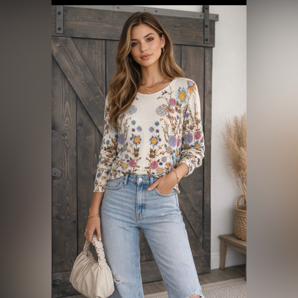 Joseph A Cream Floral Crewneck Sweater with Blue, Yellow & Pink Blooms